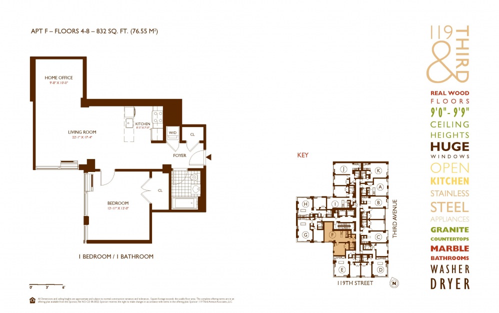 F Line 4-8 - 1 bedroom floorplan layout with 1 bath and 832 square feet.
