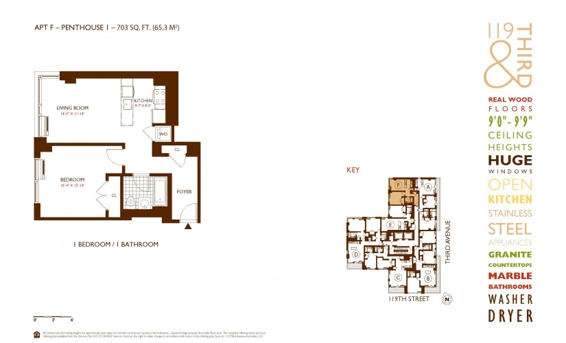 PH1F - 1 bedroom floorplan layout with 1 bathroom and 703 square feet
