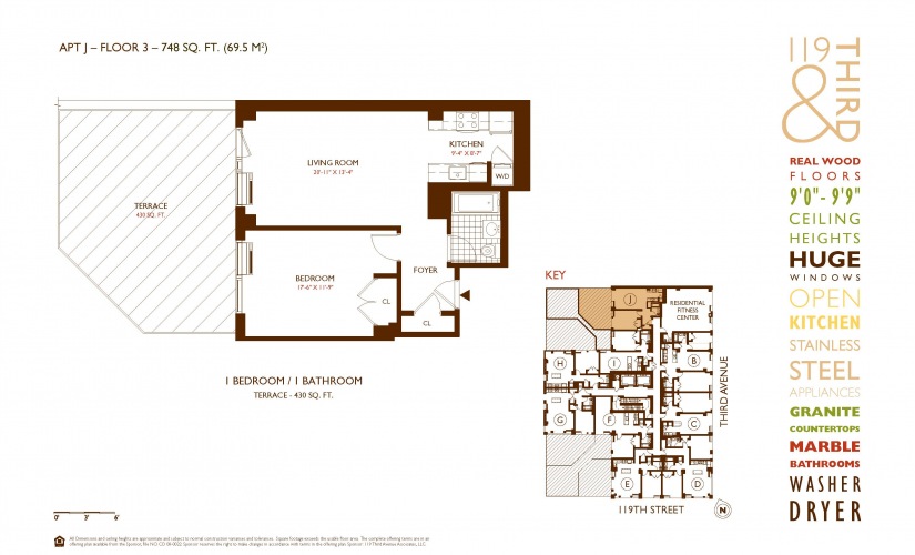 3J - 1 bedroom floorplan layout with 1 bathroom and 748 square feet