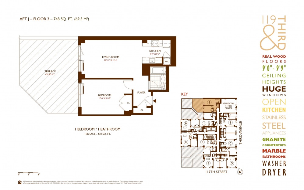 3J - 1 bedroom floorplan layout with 1 bath and 748 square feet.