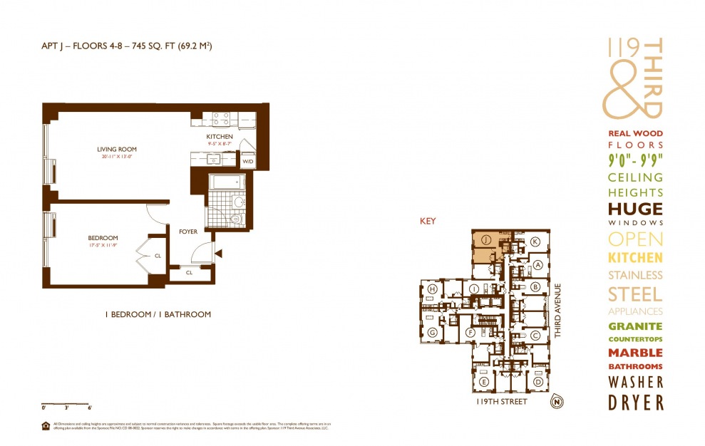 4J - 1 bedroom floorplan layout with 1 bath and 745 square feet. (3D)