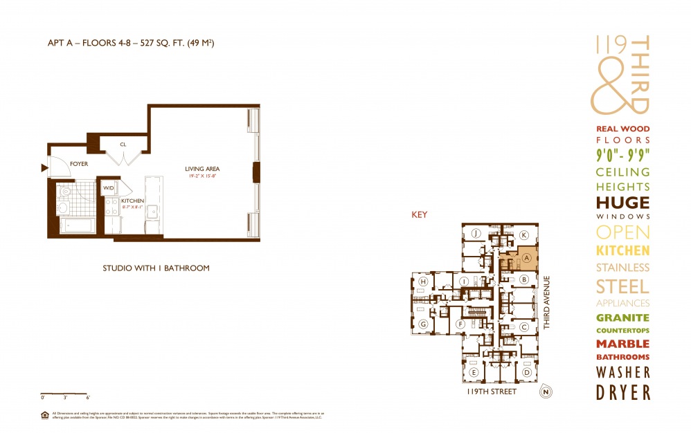 A Line 4-8 - 1 bedroom floorplan layout with 1 bath and 527 square feet.
